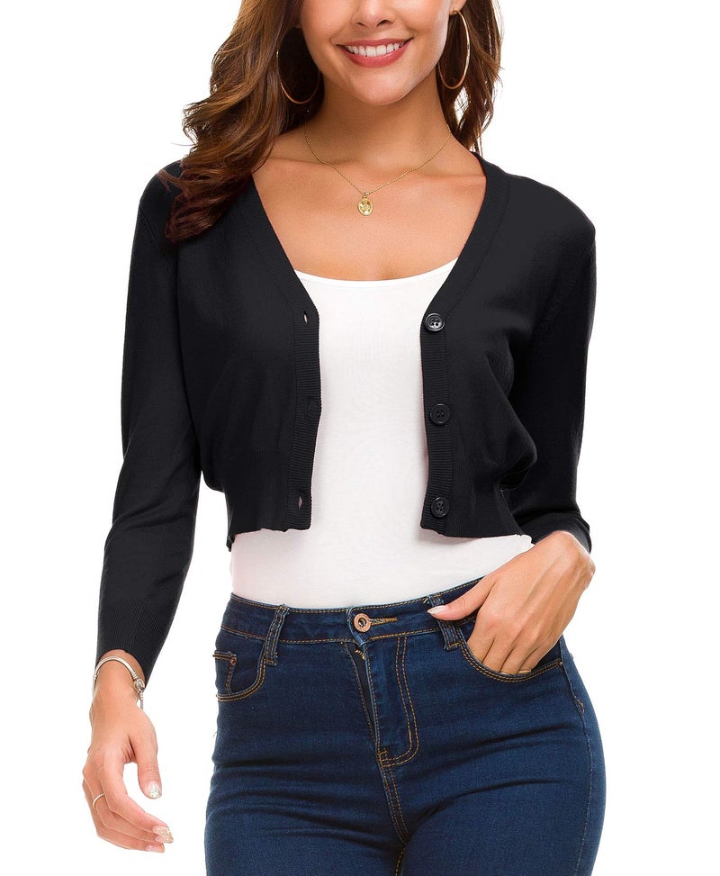 EXCHIC Women's Lightweight Knit Cropped Cardigan 3/4 Sleeve V-Neck Open Front Bolero Shrug for Dresses and Casual Wear (S, Black) - Image 1